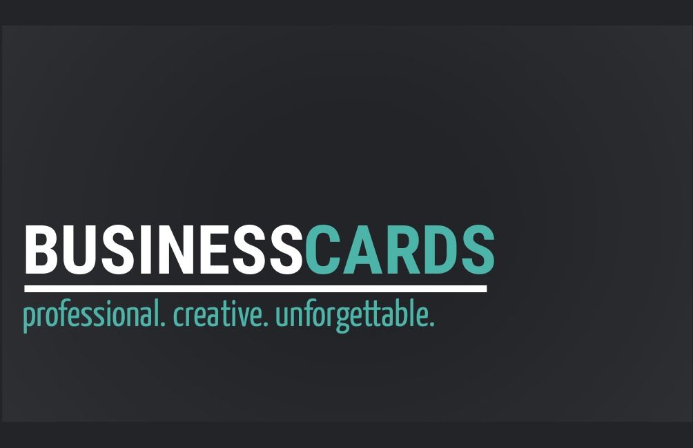Text „Visitenkarten professionell. kreativ. unvergesslich.“ auf dunklem Hintergrund – Möglichkeiten, sich und Ihr Unternehmen mit kreativen Visitenkartendesigns zu präsentieren – Bild
