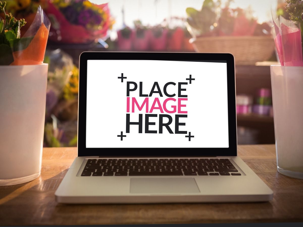 O laptop fica na mesa entre dois vasos de plantas com as palavras “coloque a imagem aqui” na tela - Design de embalagem conveniente - Imagem
