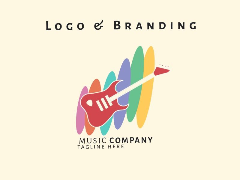 Musiklogo mit Gitarre auf farbig geformtem und gelbem Hintergrund – Der Unterschied zwischen einer Logomarke und einem Logotyp und wie Sie Ihr Logodesign verbessern können – Bild