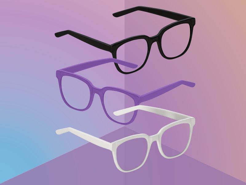 Weiße, violette und schwarze 3D-Brillen schweben auf einem Hintergrund mit Farbverlauf – Schwebende Designelemente werden zusammen mit offenen Kompositionen immer beliebter – Bild