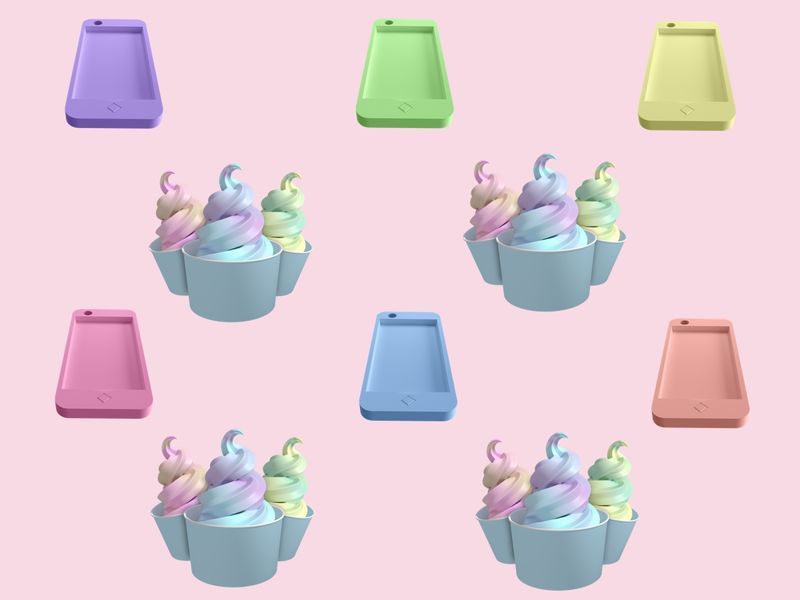 Mehrfarbige isometrische Süßigkeiten und Mobiltelefone auf hellem Hintergrund – Die Nachfrage nach isometrischem Design wächst nur im Jahr 2019 – Bild