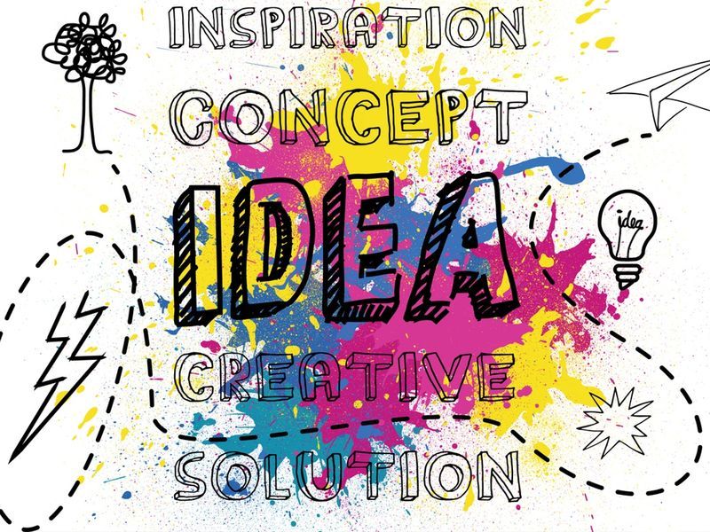 Der Titel „Inspiration Concept Idea Creative Solution“ auf chaotischem Hintergrund mit mehrfarbigen Farbtupfern – Durchdachtes chaotisches Design lässt enormen Raum für Experimente – Bild