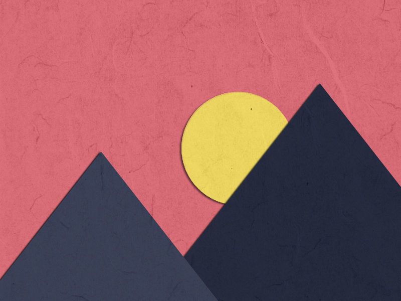 Minimalistische dunkle Berge und Sonne auf rosa Hintergrund – Digitale Papierausschnitte sind ein faszinierender und vielversprechender Designstil – Bild