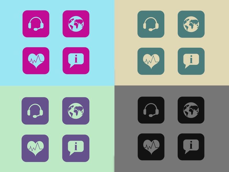 Headset-, Herz-, Globus- und Nachrichtensymbole in vier verschiedenen Farben – Die Kombination heller und dunkler Designelemente kann einem zuvor erstellten Design ein neues Aussehen verleihen – Bild