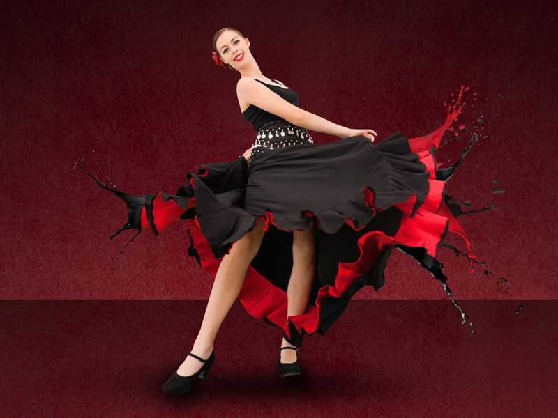 Ansicht eines tanzenden Mädchens in einem schwarz-roten Kleid – Digitales Malen und Zeichnen kann dabei helfen, Ihr Design auf völlig neue und einzigartige Weise darzustellen – Bild