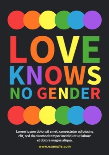 Der Titel „Love Knows No Gender“ in den Farben der LGBT-Flagge auf dunklem Hintergrund – kräftige und farbenfrohe Schriftarten werden weiterhin an Beliebtheit gewinnen – Bild