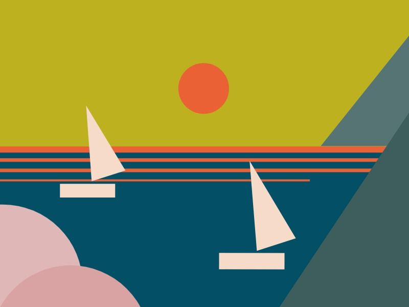 Landschaften mit Segelbooten aus geometrischen Formen – Geometrisches Design in Landschaftsillustrationen – Bild