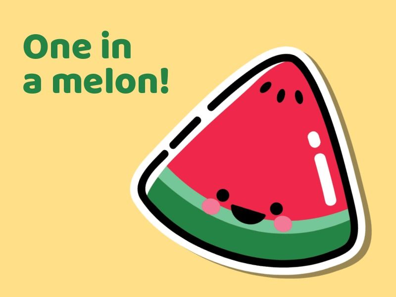 Rote Wassermelonenscheibe-Emoji mit gelbem Hintergrund. Textüberlagerung „One in a Melon“ – Verwendung geometrischer Muster in Symbolen und Emojis – Bild