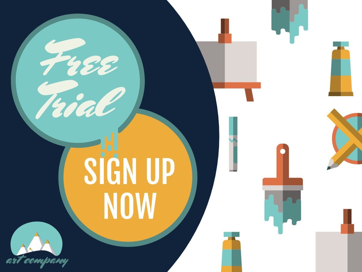 Easel and painting tools icons, 'Free trial. Sign up now' as a title - Display advertising design promoting a free trial in a standard ad size - Image