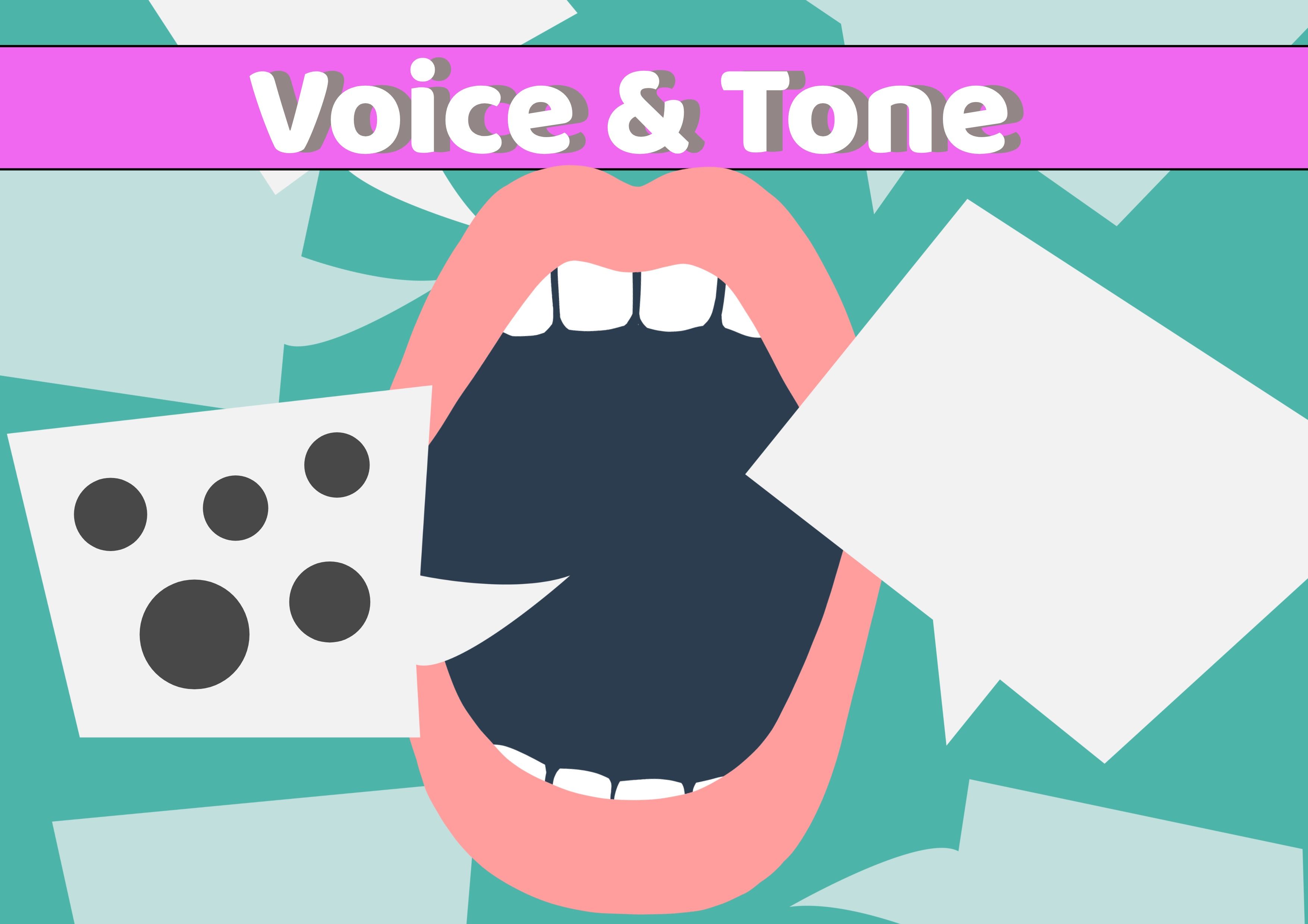 Voice & Tone image with a mouth icon and speech bubbles coming from it - Tips on how to define your brand's voice and tone - Image