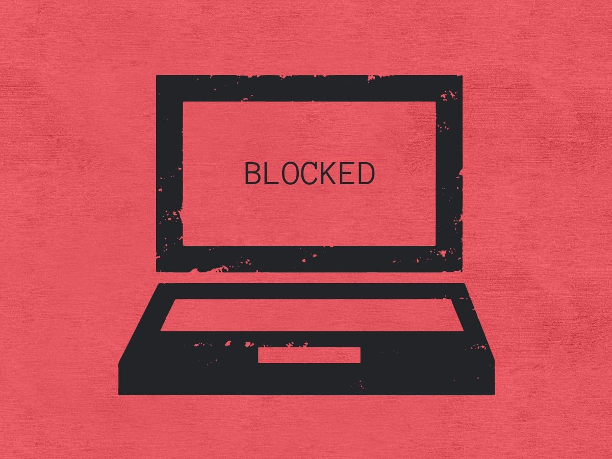 Laptop icon with 'blocked' text on red background - Non-invasive branded content - Image