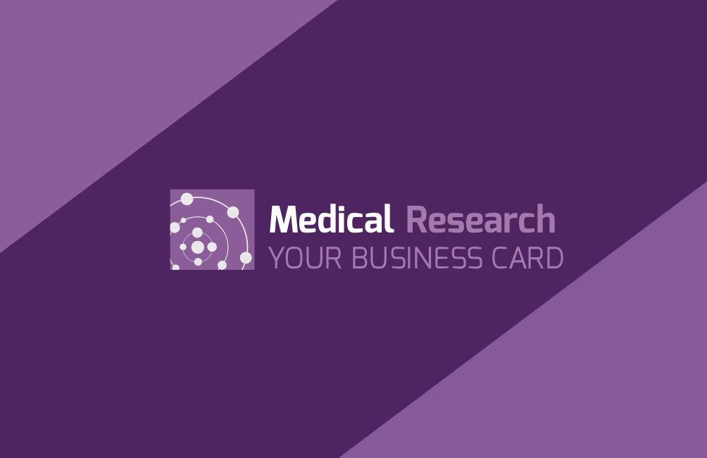 cartão de visita de pesquisa médica roxo com logotipo