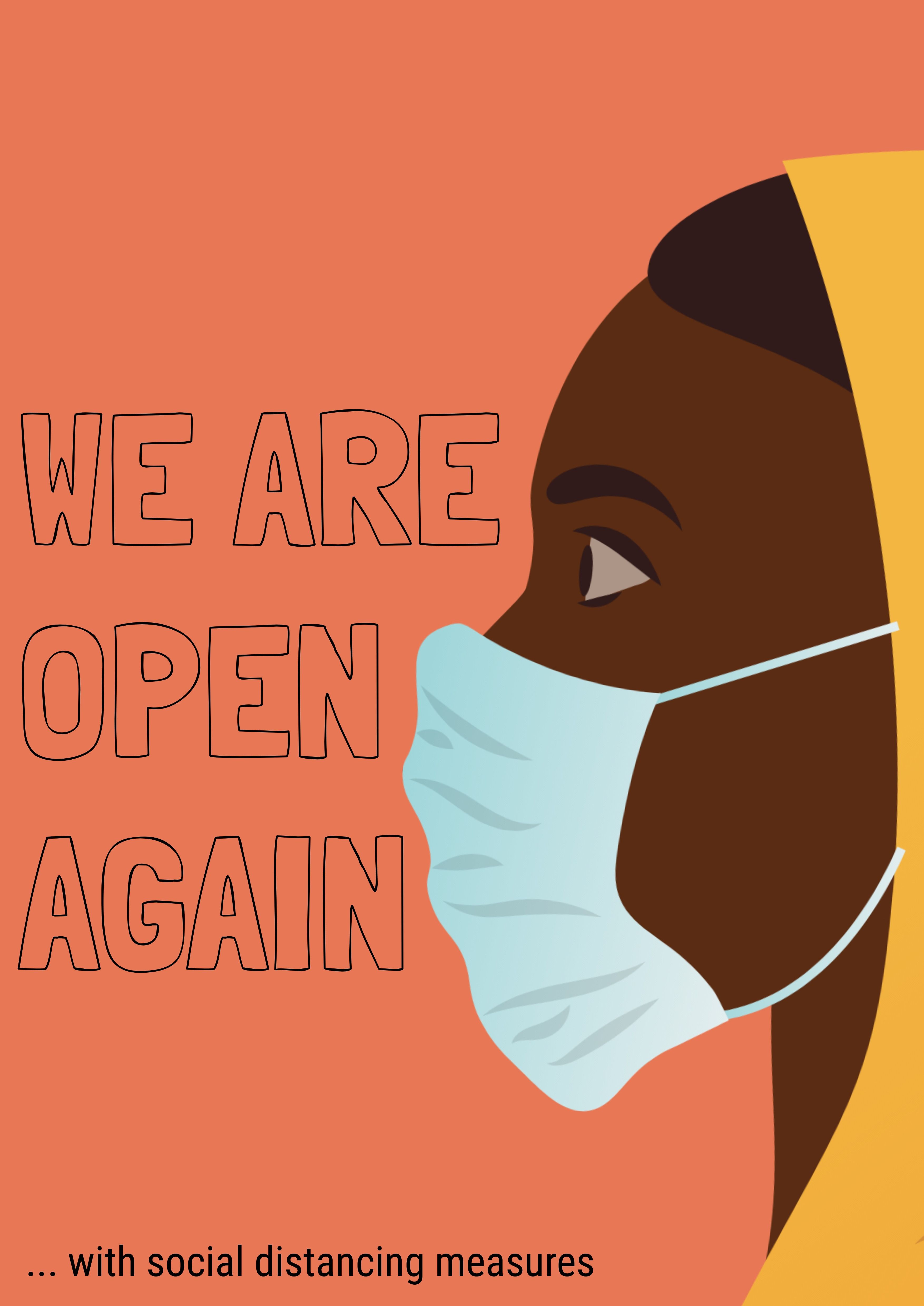 Café-Poster: Orange mit „Wir sind wieder geöffnet“