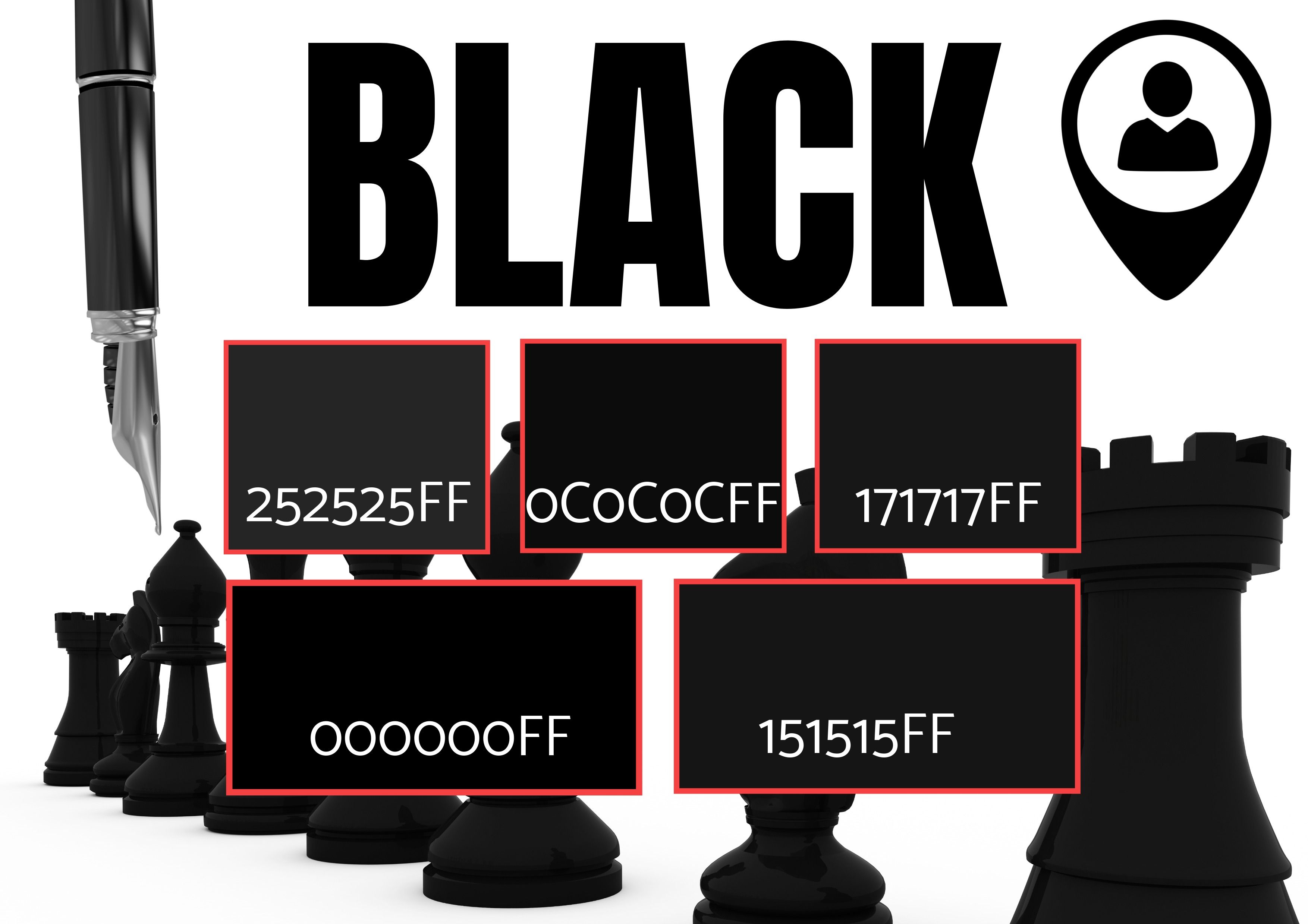 Sélection de 5 nuances noires avec des images de pièces d&#39;échecs, un stylo et une icône de localisation - symbolisme - Symbolisme des couleurs - Image