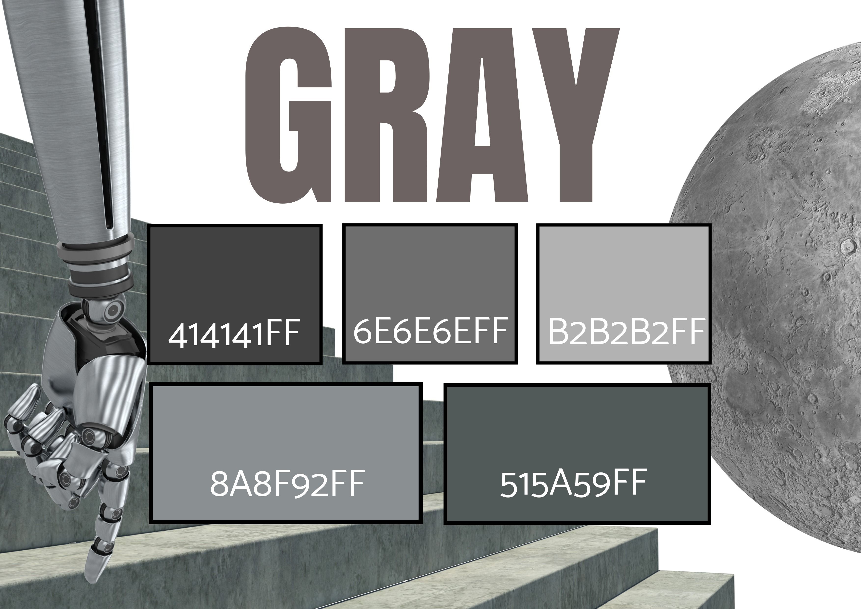 Selection of 5 Gray Shades with images of a robot arm, stairs and the moon - symbolism - Color theory for designers: The art of using color symbolism - Image