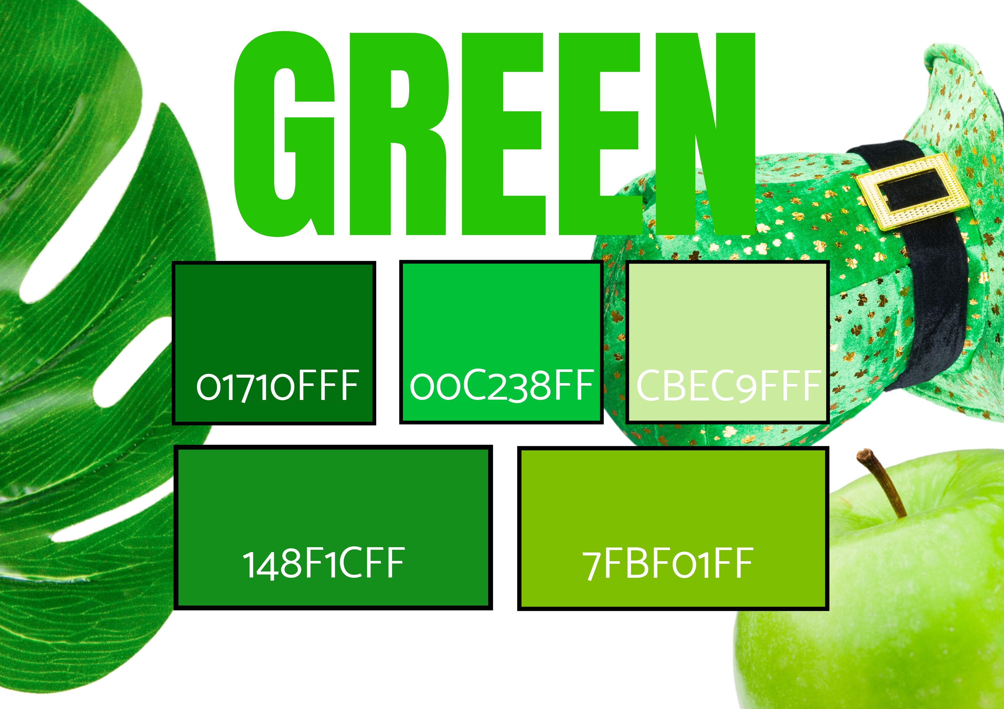 Sélection de 5 nuances vertes avec des images d&#39;un chapeau, d&#39;une feuille et d&#39;une pomme de la Saint-Patrick - symbolisme - Symbolisme des couleurs - Image