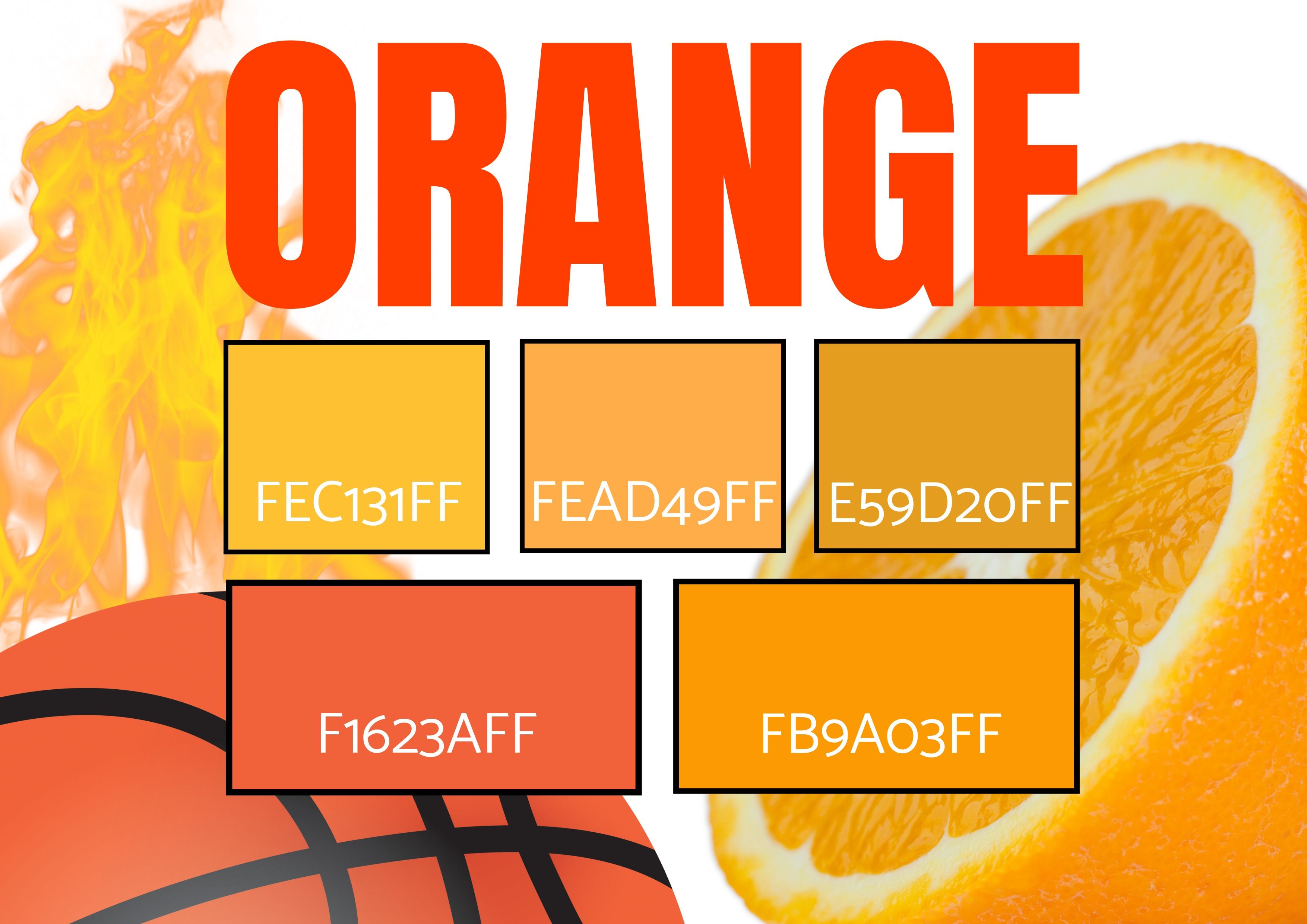 Seleção de 5 tons de laranja com imagens de fogo, uma bola de basquete e uma laranja - simbolismo