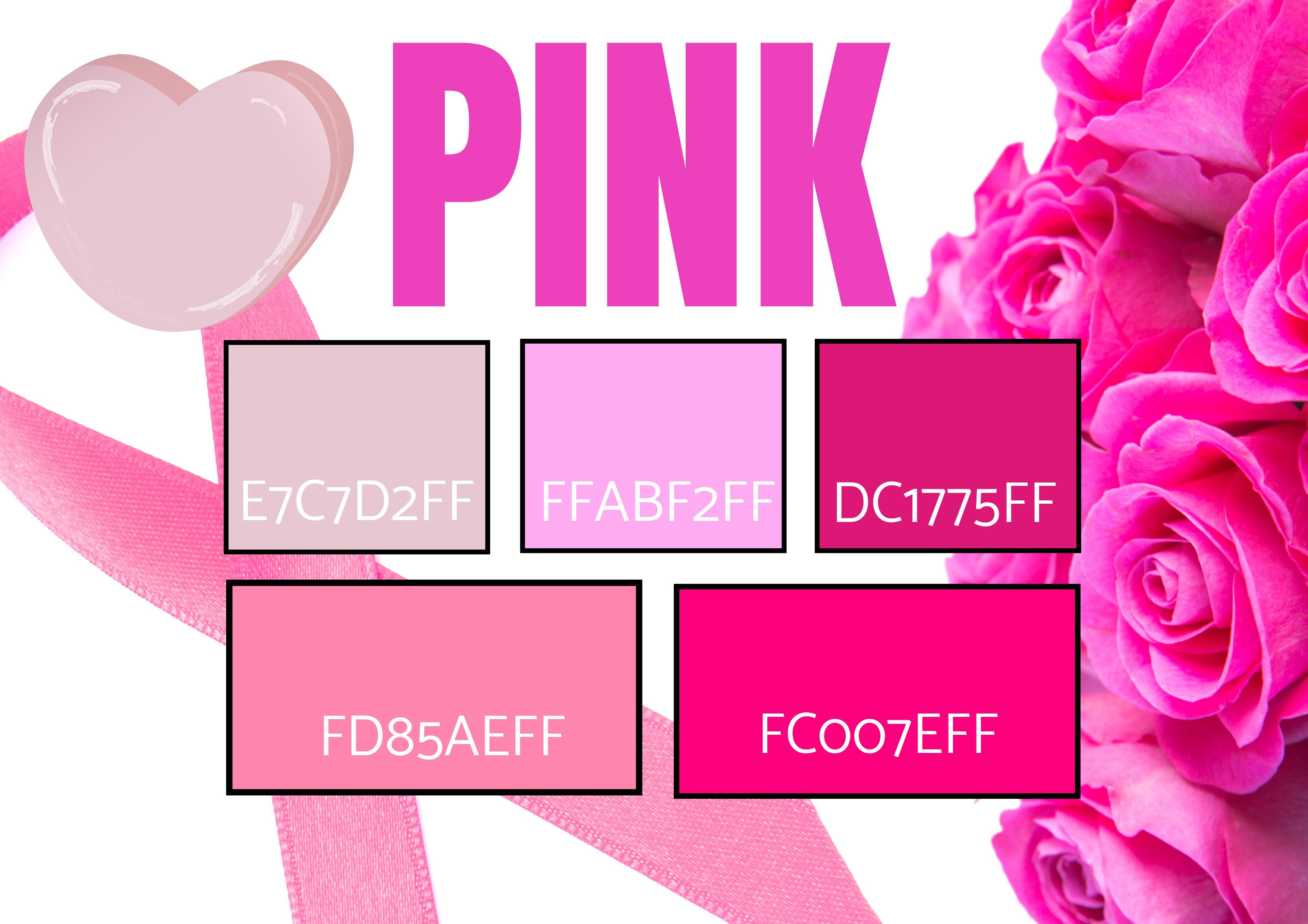 Sélection de 5 nuances roses avec des images d&#39;un arc de cancer du sein, des fleurs et une icône de coeur - symbolisme - Symbolisme des couleurs - Image