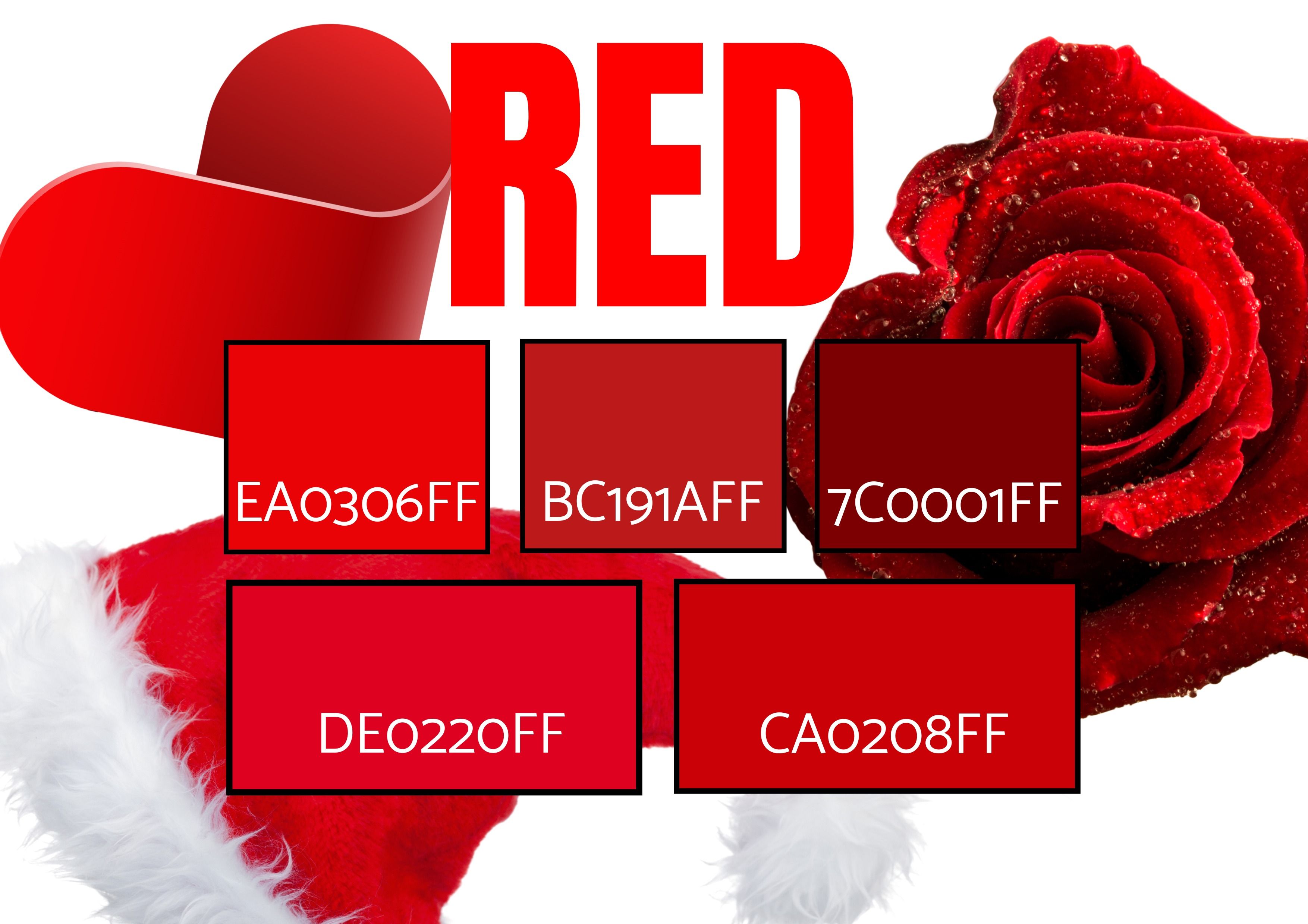 Sélection de 5 teintes rouges avec des images d&#39;une icône en forme de cœur, d&#39;une rose et d&#39;un bonnet de Noel - symbolisme - Symbolisme des couleurs - Image