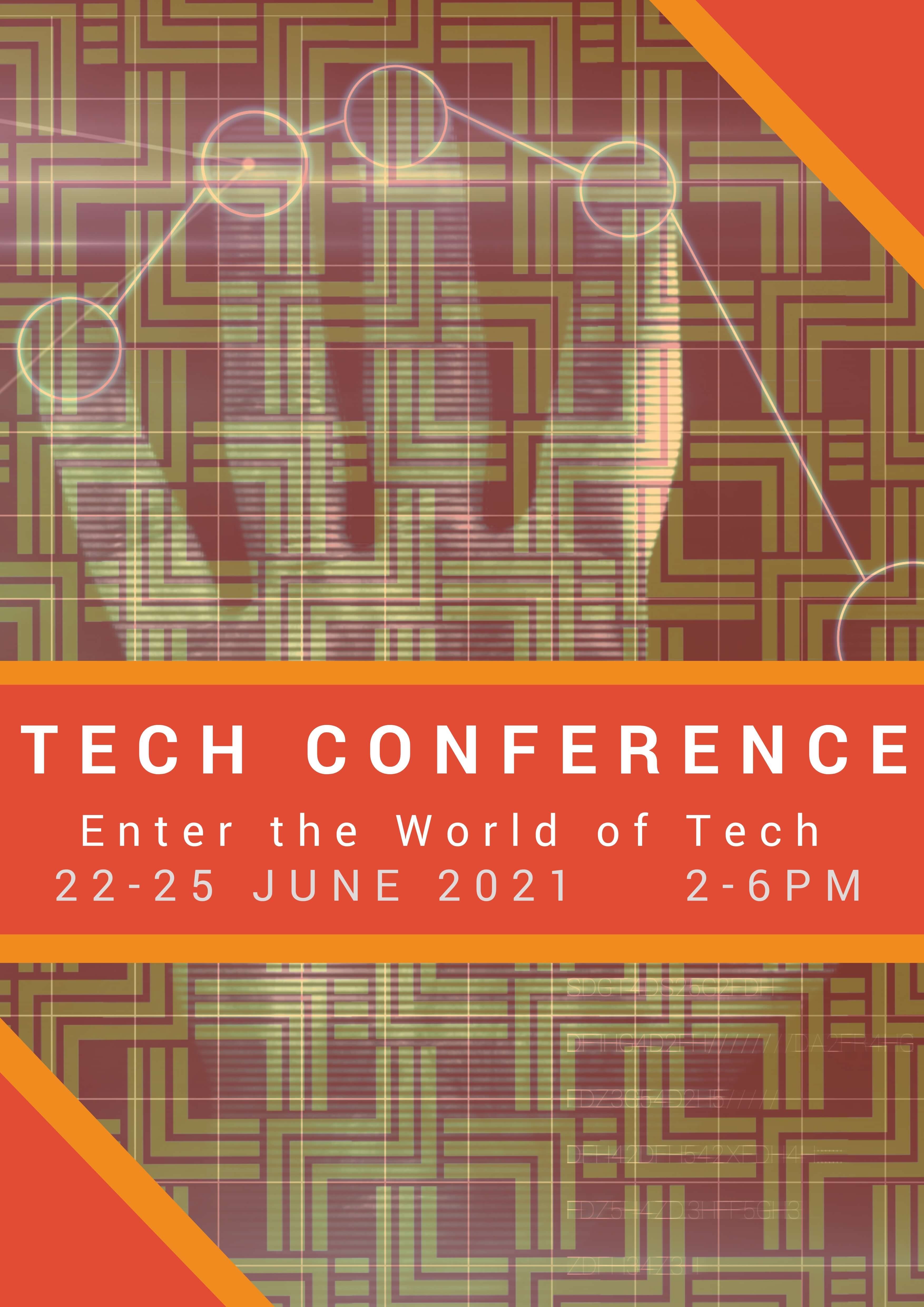 Cartaz abstrato da conferência de tecnologia laranja com detalhes de data e hora