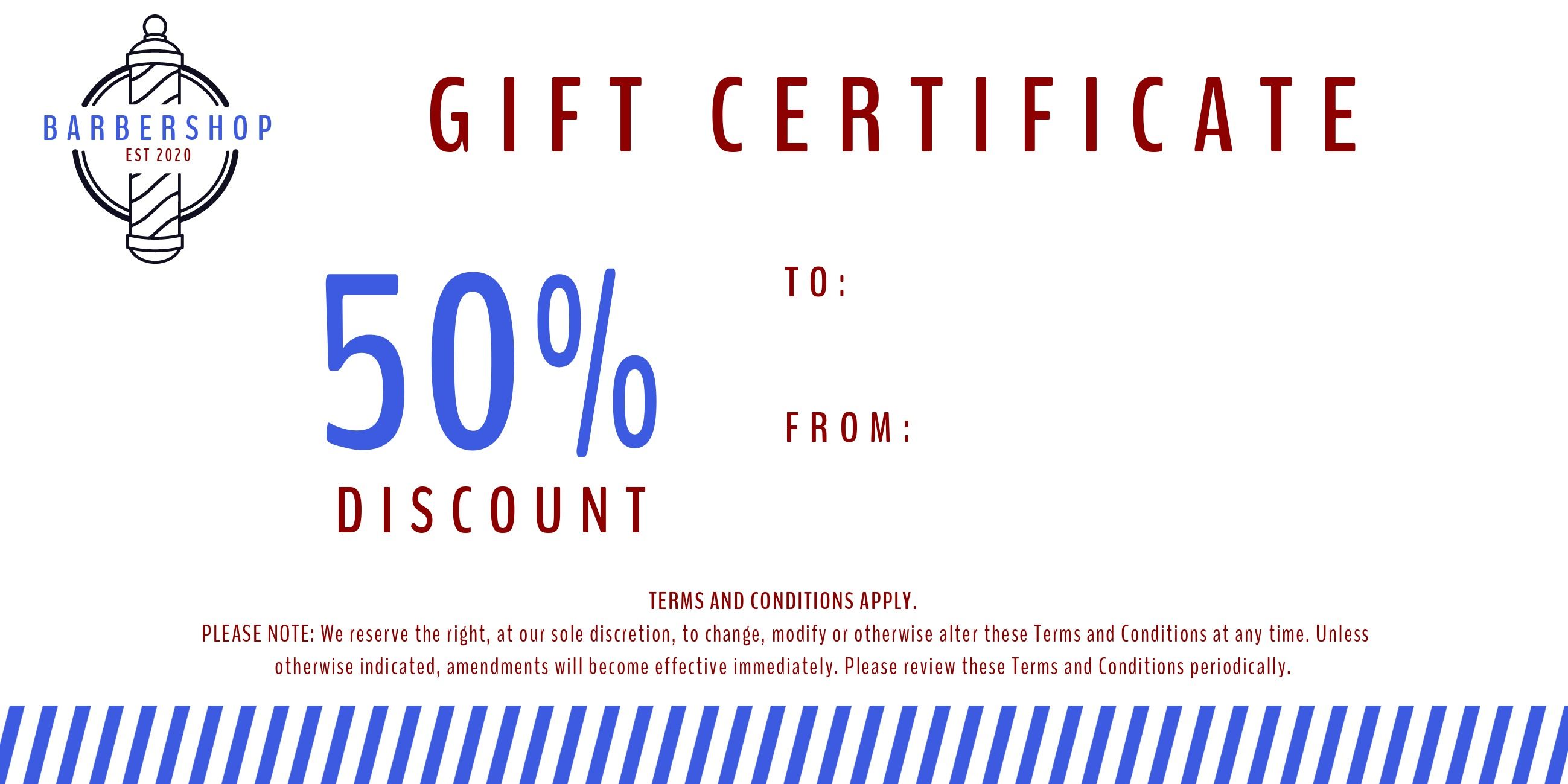 Weißer Barbershop 50 %-Geschenkgutschein mit Logo und leeren Details