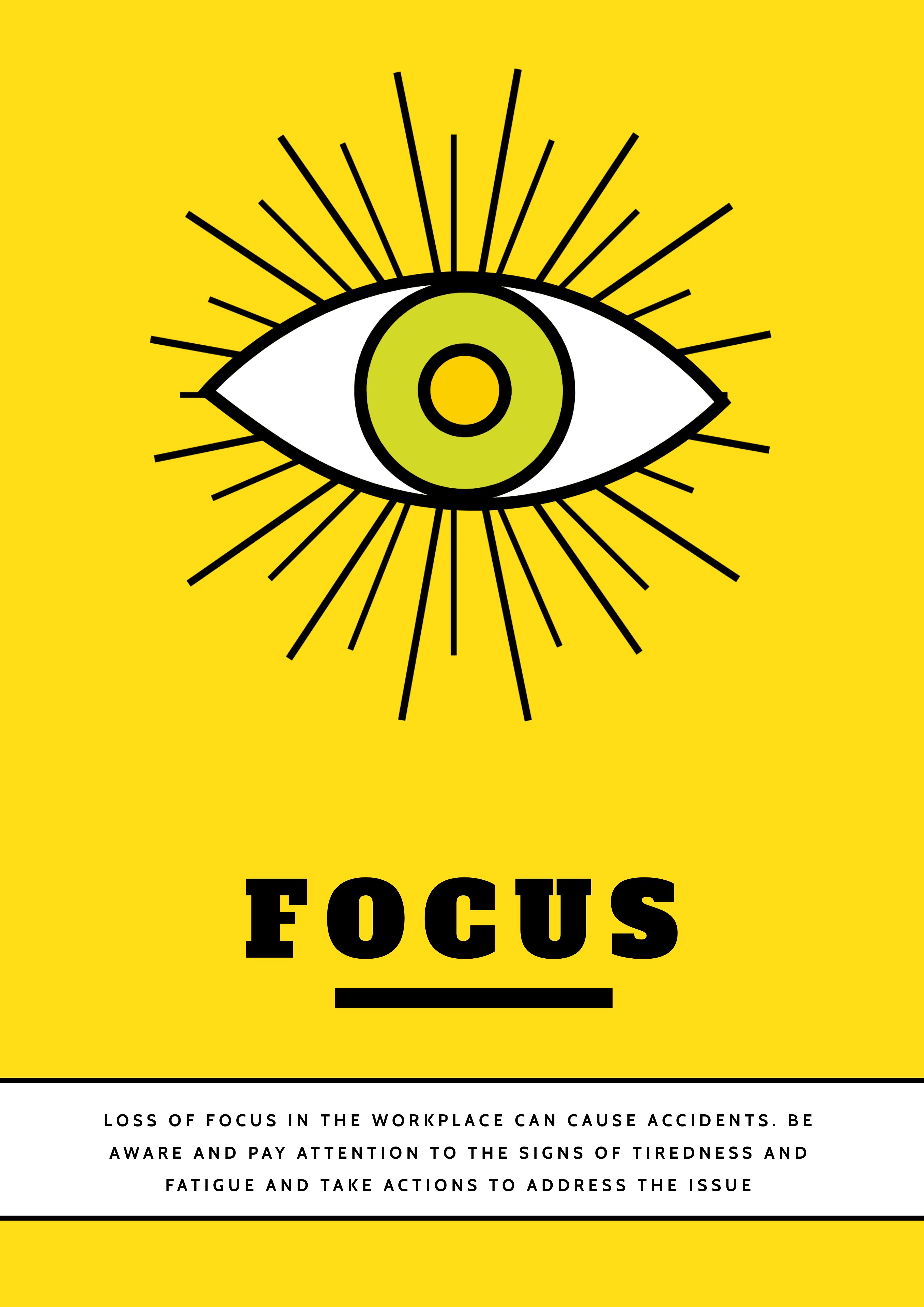 Cartel de advertencia de enfoque amarillo con información y diseño de ojos.
