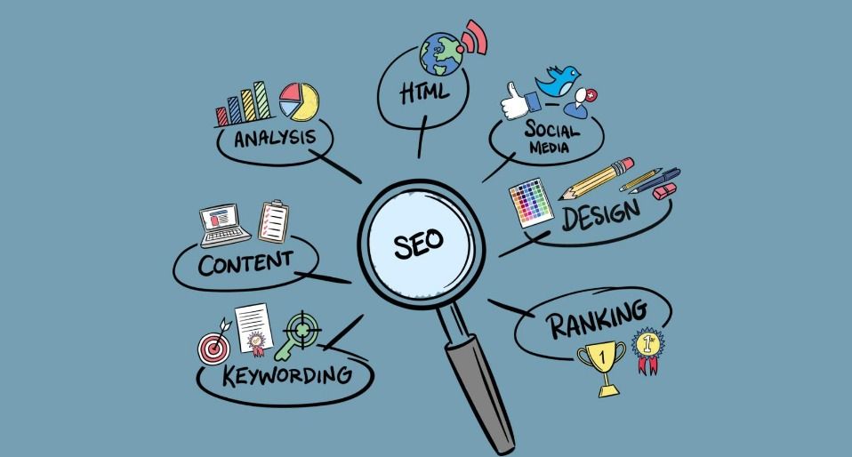 Lupensymbol mit der Aufschrift „SEO“, umgeben von Sprechblasen und Symbolen, die Content-Marketing-Strategien auf blauem Hintergrund darstellen