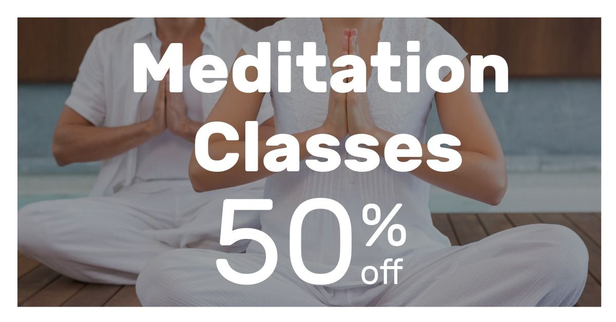 Affiche publicitaire pour les cours de méditation avec une réduction de 50 % et une image de deux personnes méditant en arrière-plan - Image
