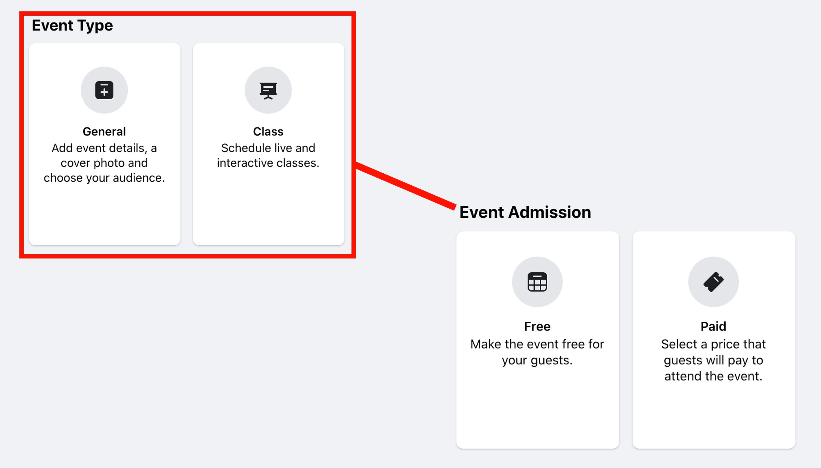 Online event options - 'general' and 'class' which leads on to pricing details - Best practices for choosing photo sizes for Facebook events - Image
