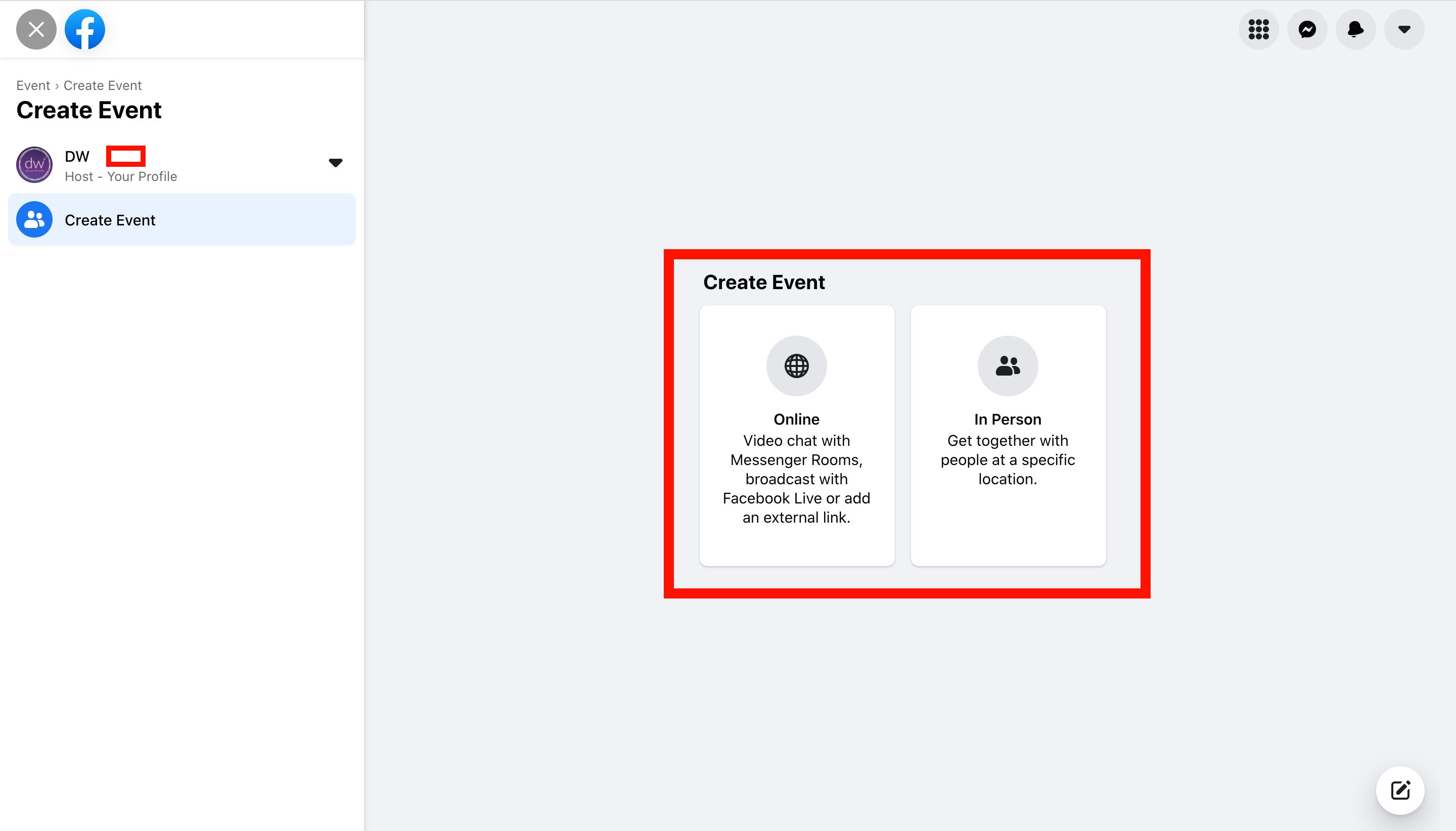 Screenshot of Online and In Person Event options - Best practices for choosing photo sizes for Facebook events - Image
