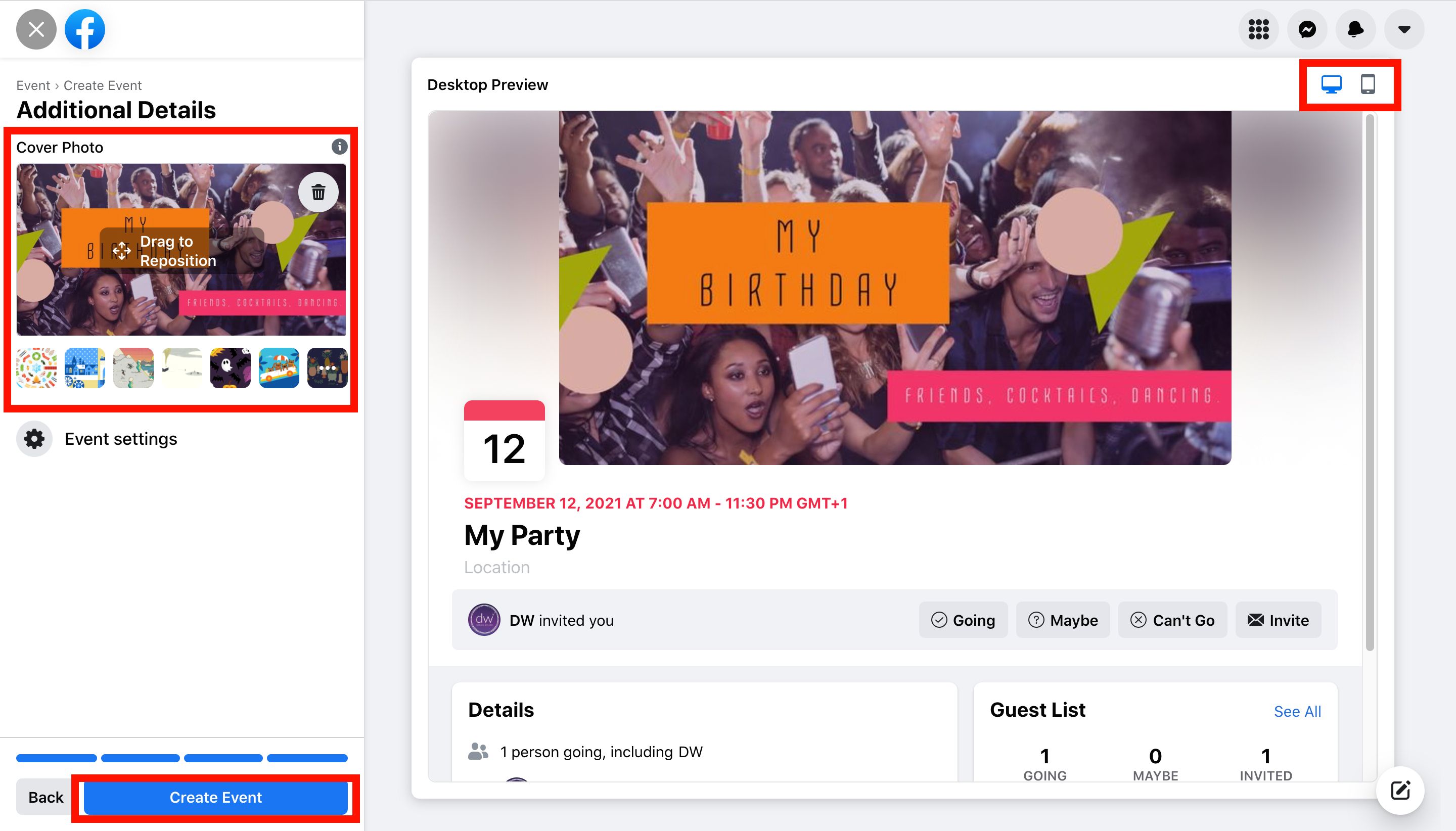 Screenshot of the party event with edited text and uploaded cover photo. 'Create event' button highlighted with red box - Best practices for choosing photo sizes for Facebook events - Image