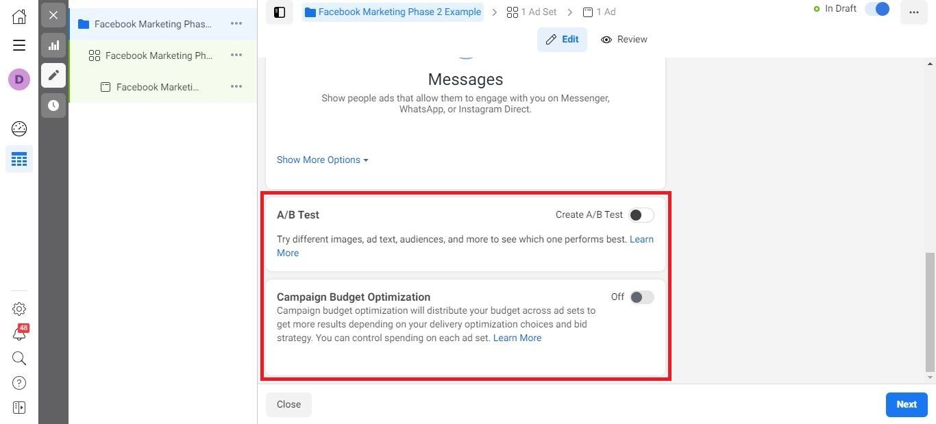 Facebook Messenger Ads step 1 part 2