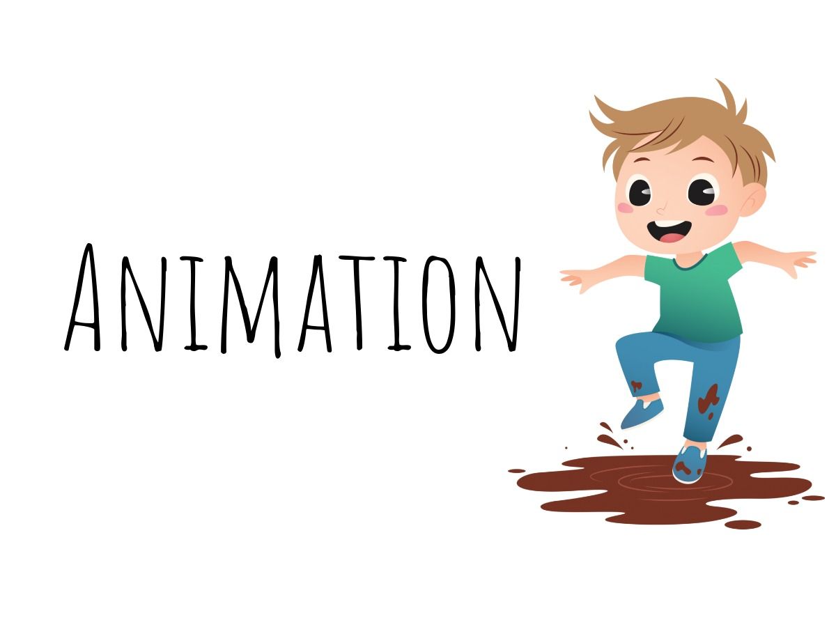 Garçon animé sautant dans une flaque de boue brune avec texte : Animation - Tendances du design graphique - Image 