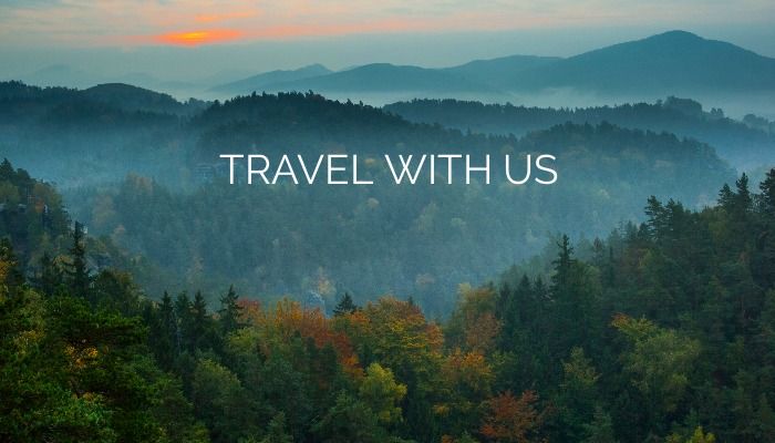 Landscape with a forest and sunset in the background and 'Travel with Us' written in the foreground - How is the rule of thirds used in graphic design - Image