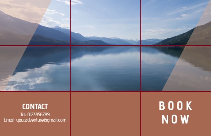 Folheto para agência de viagens com imagem de lago e montanhas e informações de contato na parte inferior com grade 3x3