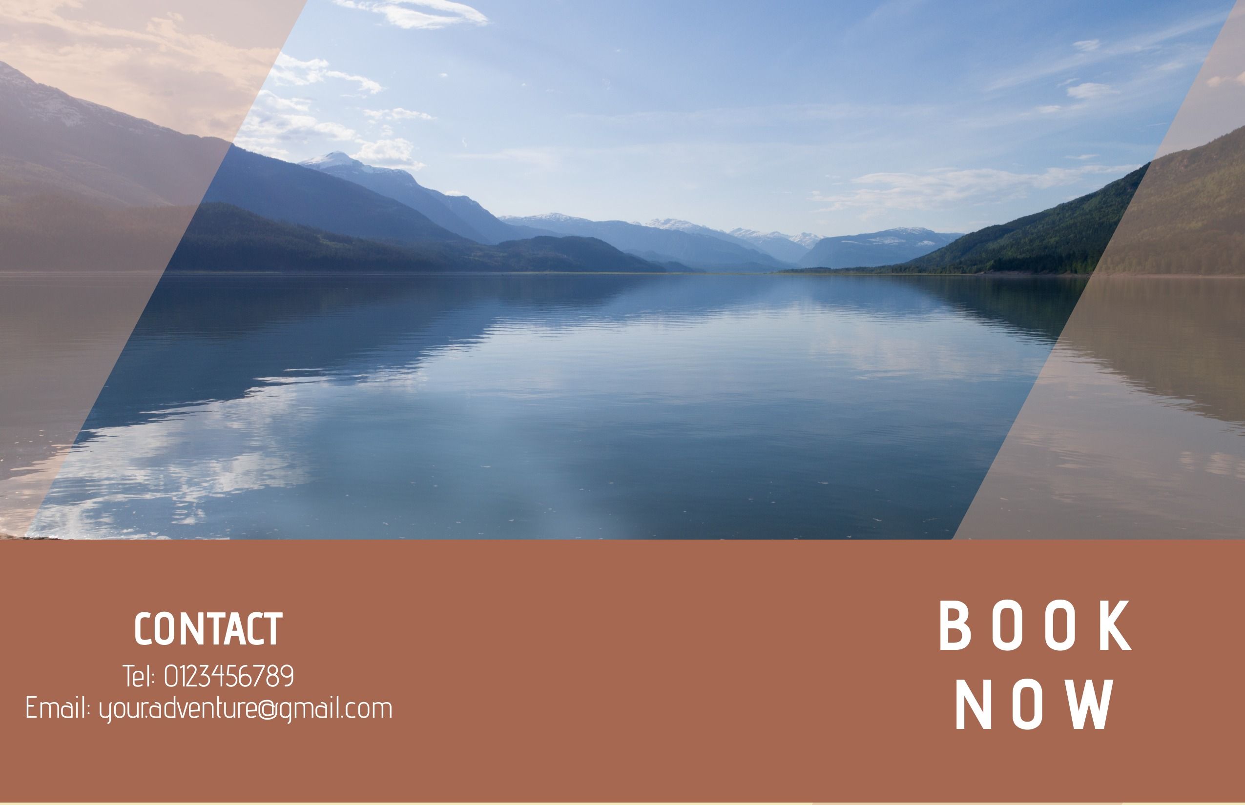 Flyer for a travel agency with an image of a lake and mountains and contact information at the bottom - How is the rule of thirds used in graphic design - Image