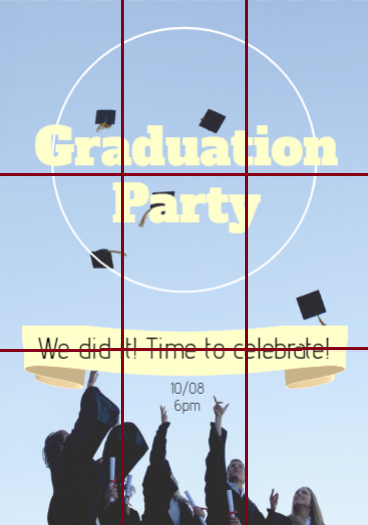 Graduation party flyer with a baby blue background and students throwing their hats in the air with a 3x3 grid - How is the rule of thirds used in graphic design - Image