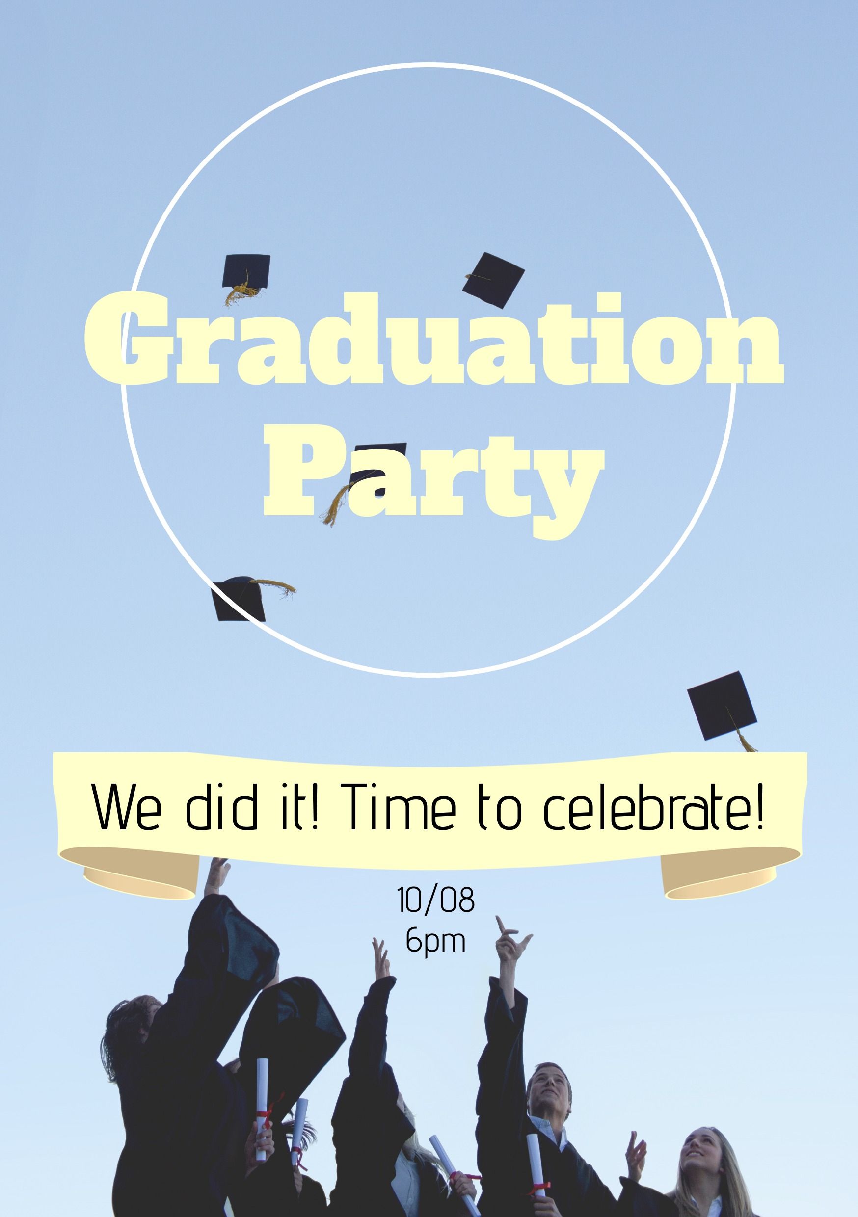 Folleto de la fiesta de graduación con un fondo azul bebé y estudiantes lanzando sus sombreros al aire