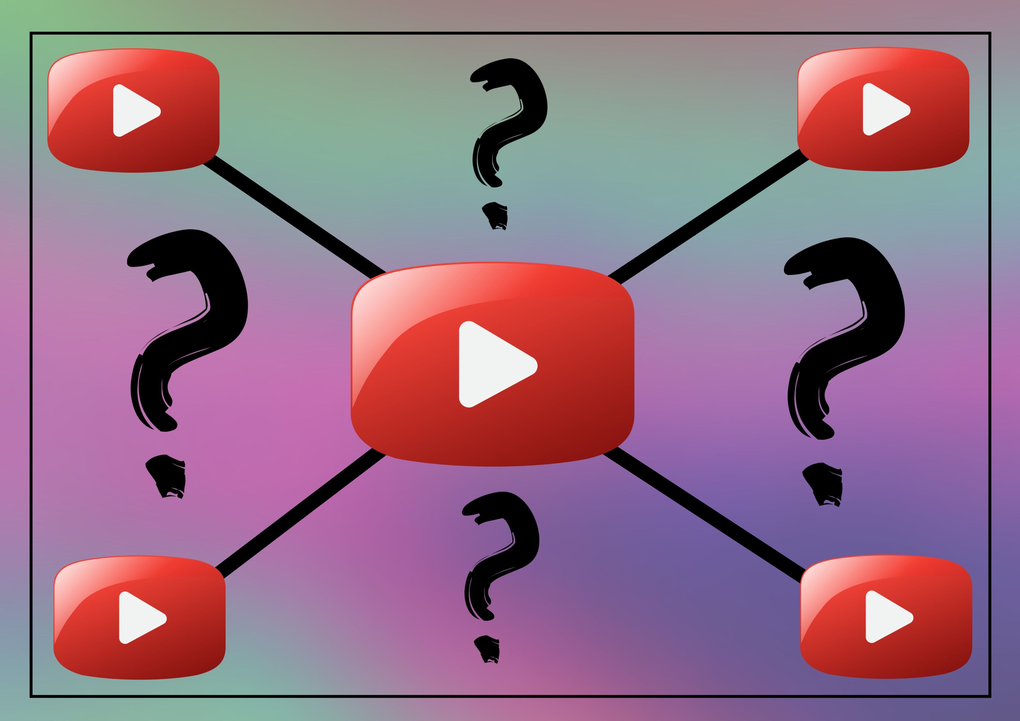Image colorée « Qu&#39;est-ce qu&#39;une liste de lecture YouTube » avec 5 boutons de lecture vidéo rouges et 4 icônes de point d&#39;interrogation - Image