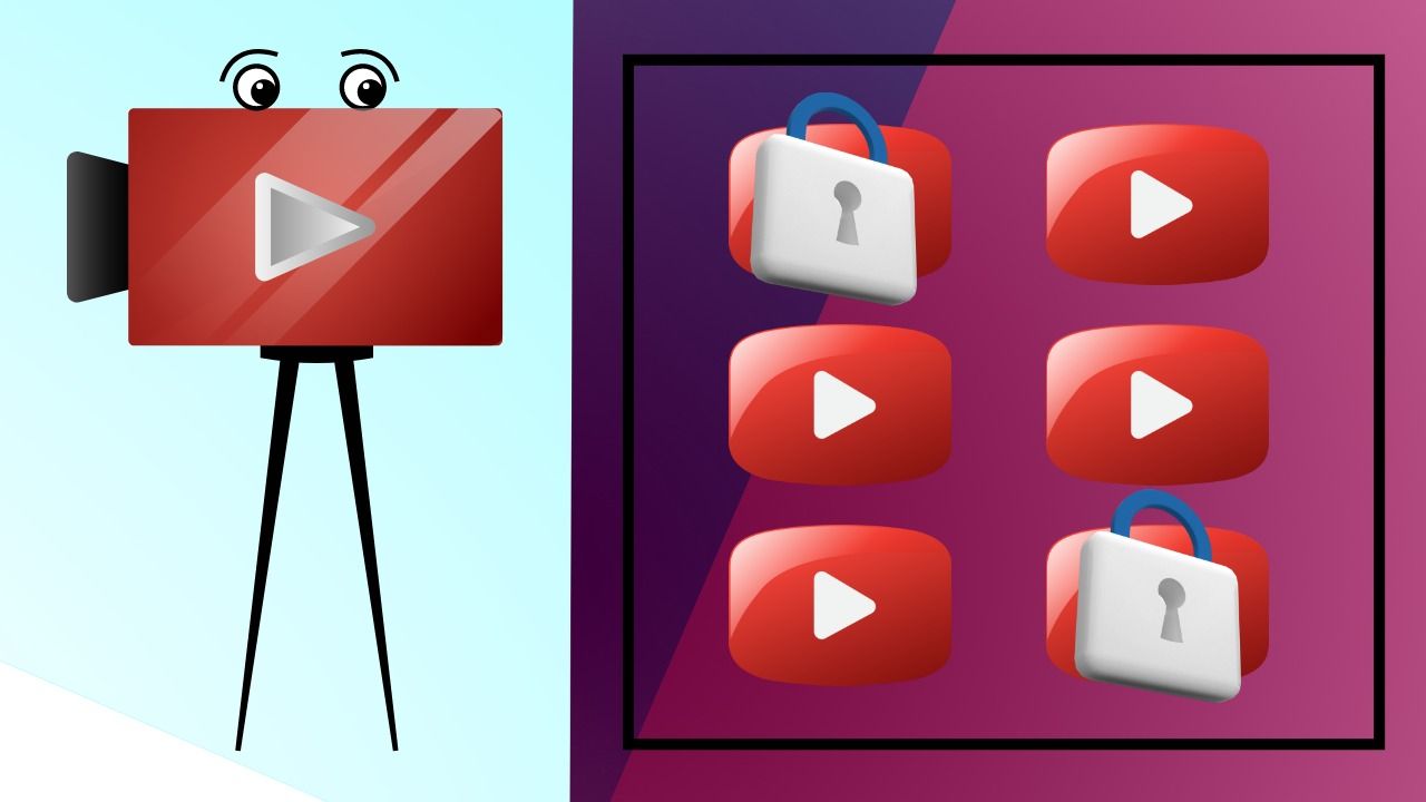 Standing Video icon on the left with 6 Play Button icons on the right with privacy lock icons on them - A guide to creating well-structured YouTube playlists: A step-by-step beginners guide - Image