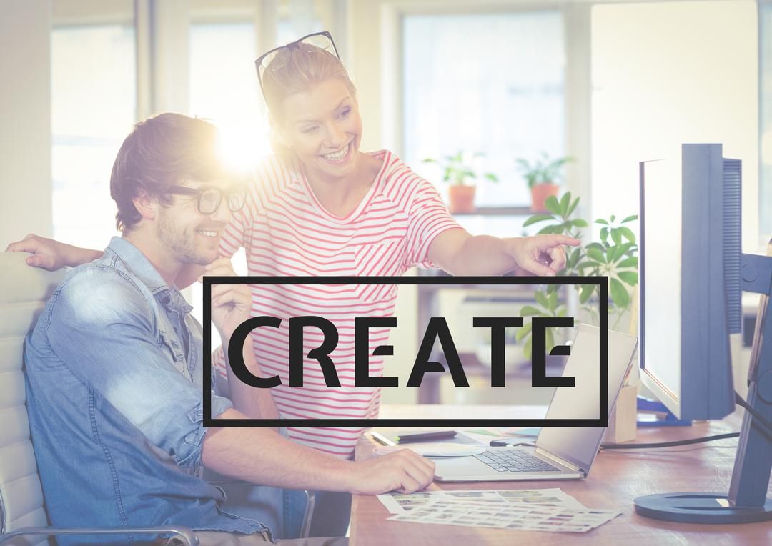 Two people smiling at a computer and 'create' written in the middle - How to use Instagram for business: Account creation and best practices - Image