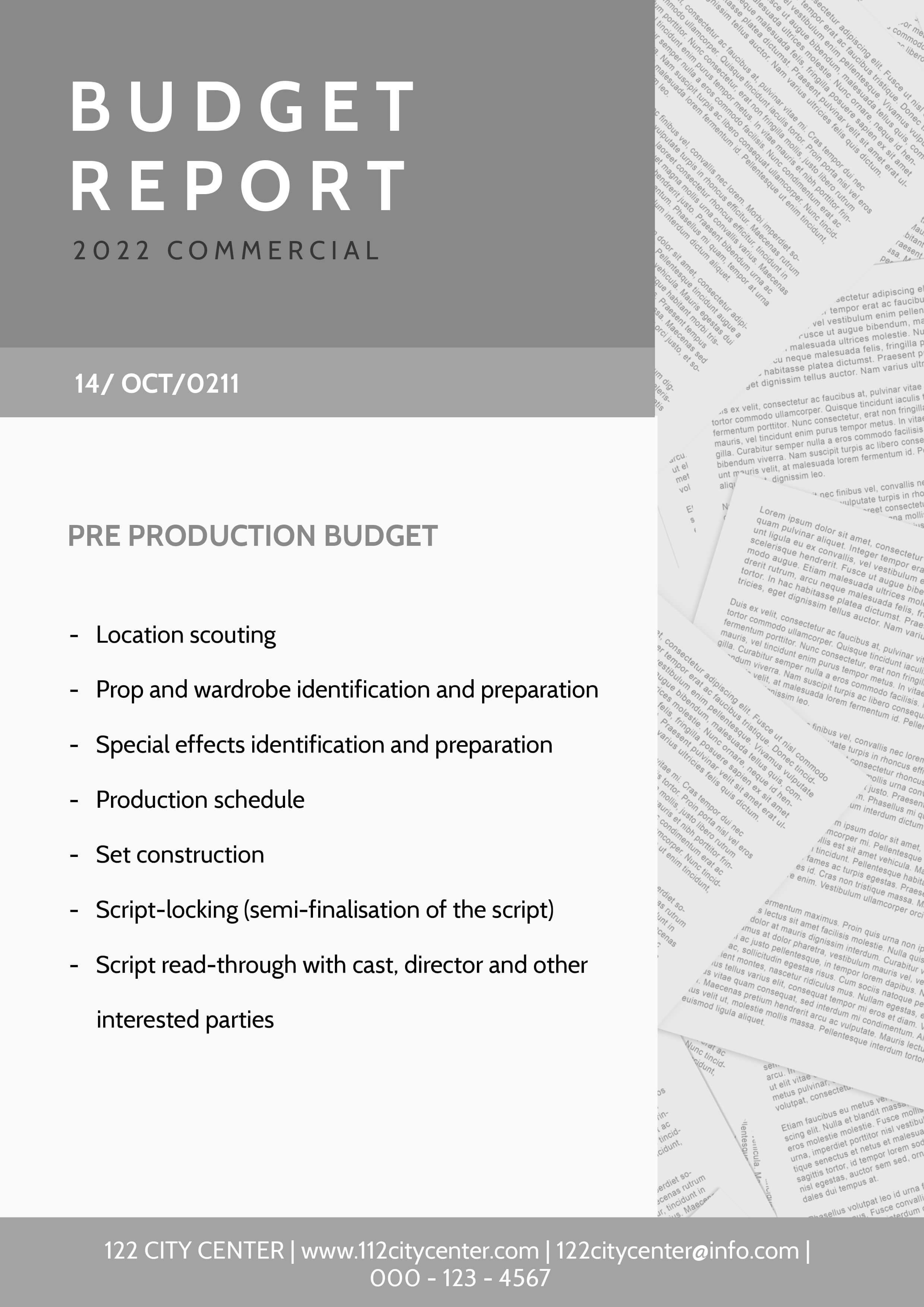Modelo de planejador comercial para orçamento de pré-produção