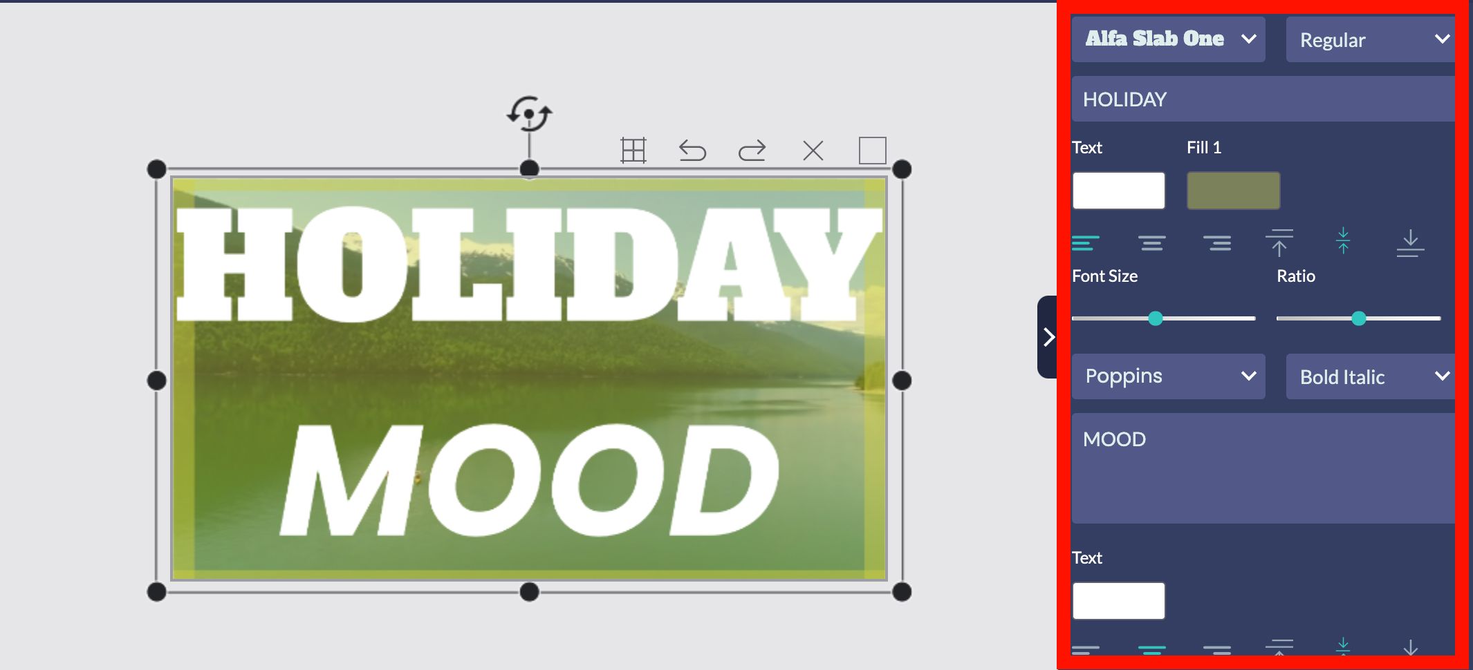 Screenshot of editing text that displays 'holiday mood' in front of the stock video - Step-by-step guide on how to make a video from photos with the Design Wizard - Image