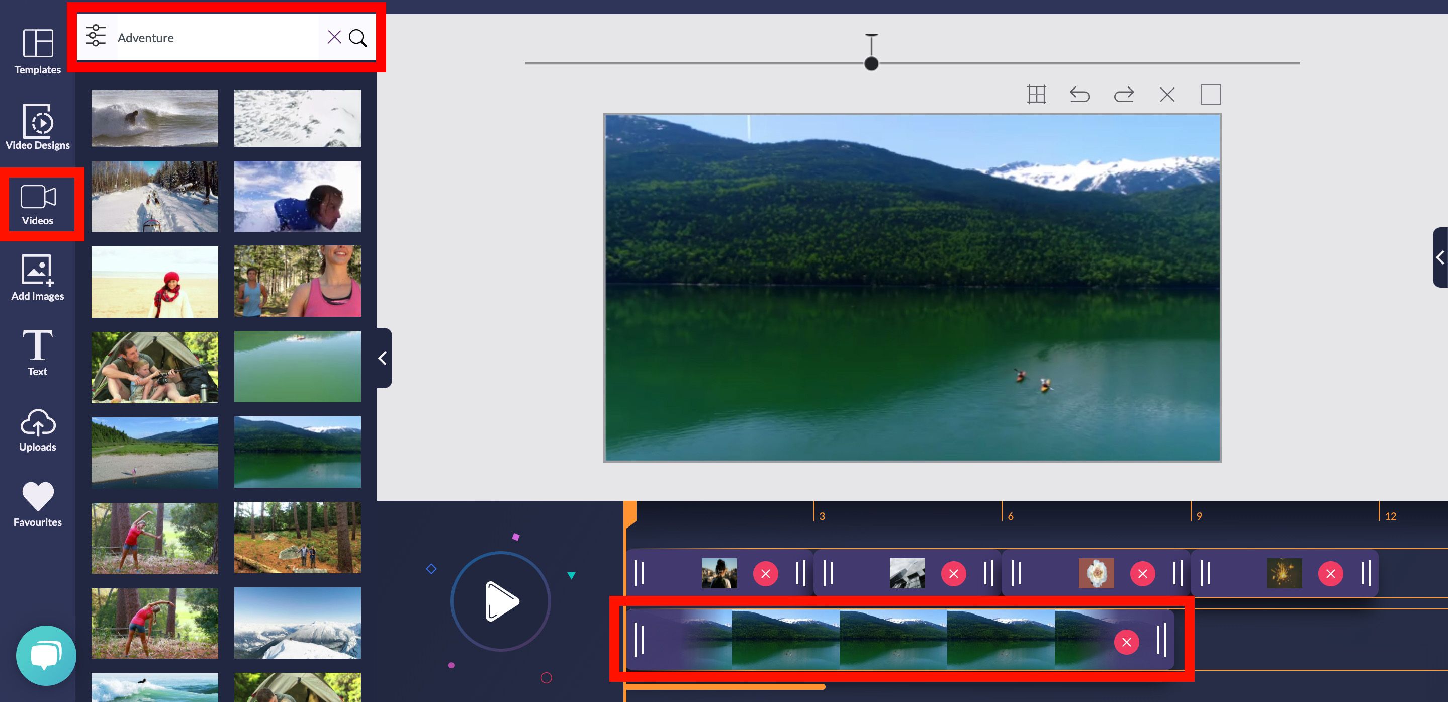 Screenshot der Videooptionen im Editor mit Stockvideo einer Landschaft auf der Timeline