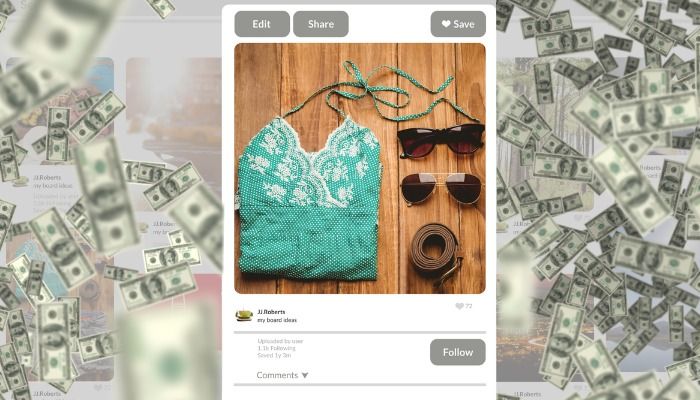 pantalla móvil de compras en línea que muestra ropa sobre un fondo de billetes de dólar