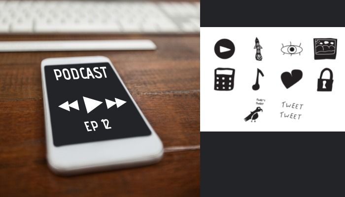 Links ein Smartphone auf dem Schreibtisch, auf dem ein Podcast abgespielt wird, und rechts Zeichnungen von Symbolen
