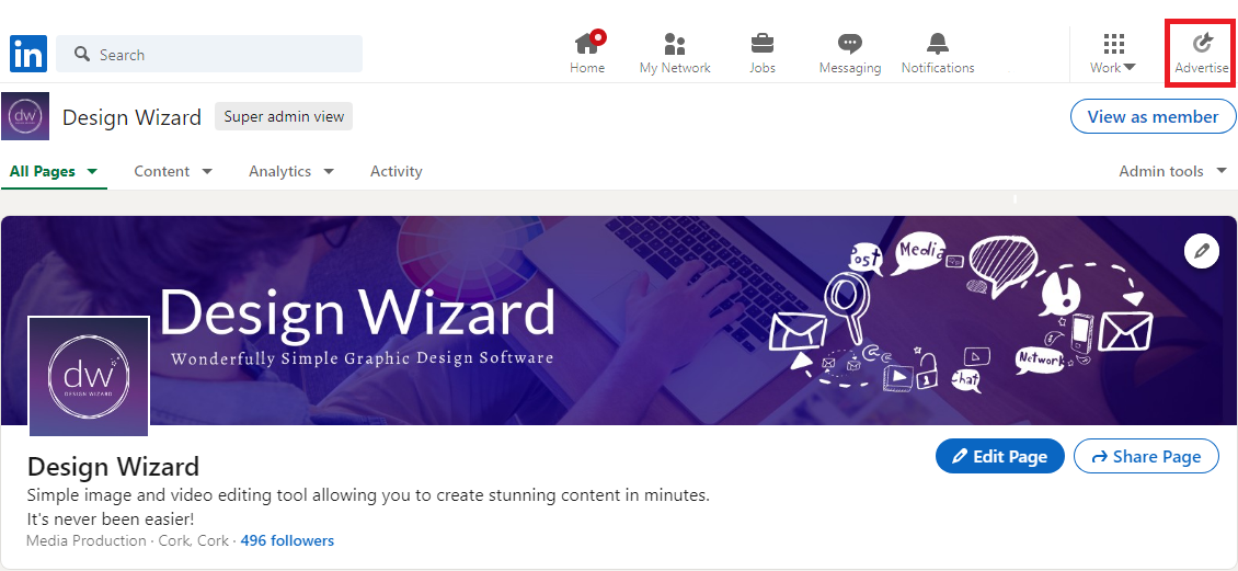 Design Wizards LinkedIn-Seite - Eine Schritt-für-Schritt-Anleitung, wie man den Campaign Manager auf LinkedIn öffnet - Bild