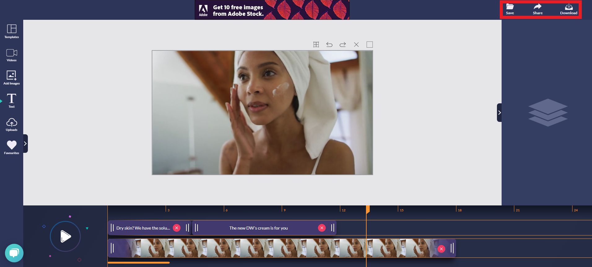 Design Wizard-Videoschnittbildschirm mit hervorgehobenen Tasten für Speichern, Teilen und Herunterladen - Wie man ein Video-Ad direkt in Ihren LinkedIn-Feed aus dem Design Wizard herunterlädt oder teilt - Bild