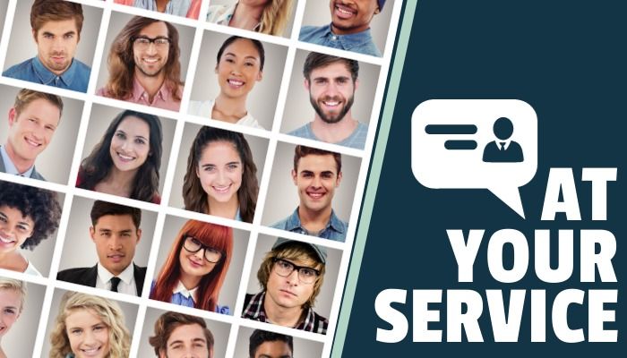 Headshots of multiple happy people and "at your service" as a title - Understanding the marketing funnel concept: A step-by-step guide to engage your customers - Image