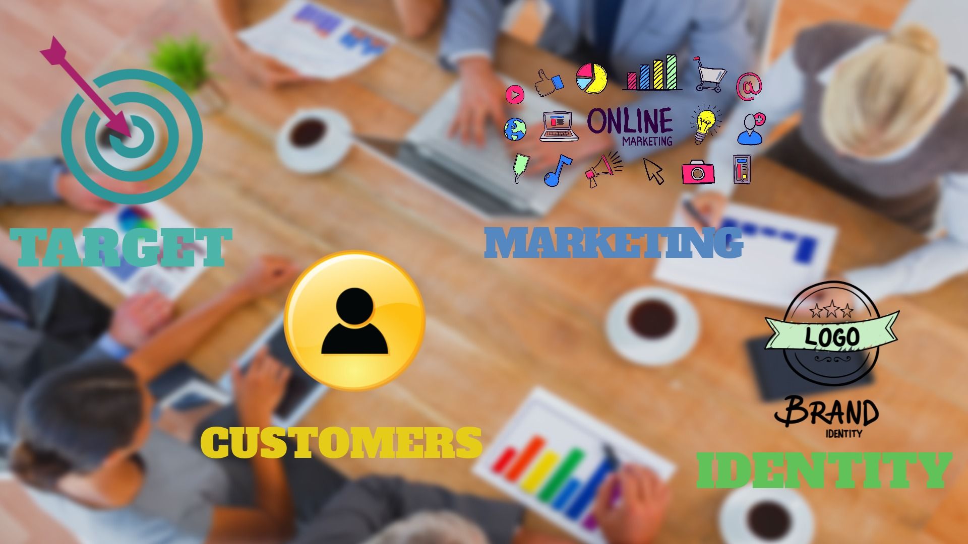 Text Target, Customers, Marketing, Identity on a blurred background of people in a business meeting - Product position: why is it important - Image